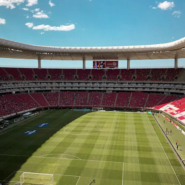 Pelota de fútbol sobre el césped de un estadio